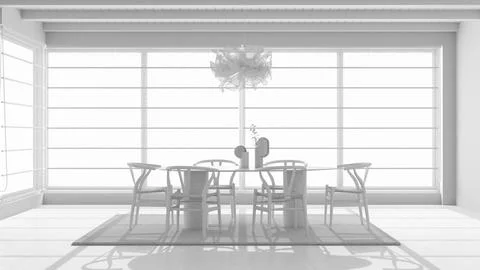 Total white project draft, minimal modern wooden dining room with table and.. Illustrazione stock