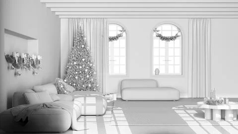 Total white project draft, minimal modern living room with parquet and vaul.. Stock Illustration