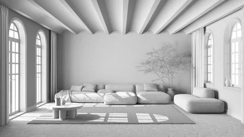 Total white project draft, minimal modern living room with sofa and carpet... Stock Illustration