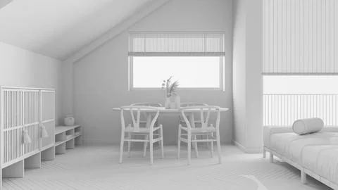 Total white project draft, minimal wooden dining room with sloping ceiling .. Stock Photos
