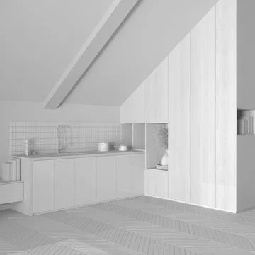 Total white project draft, minimal wooden kitchen. Cabinets and accessories.. Stock Photos