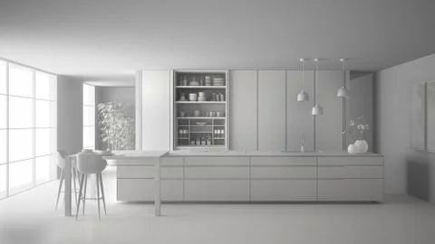 Total white project draft of minimalist kitchen, island, table, stools and op Stock Illustration