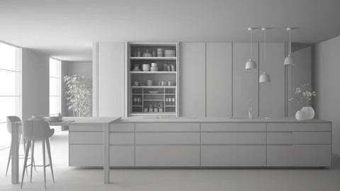 Total white project draft of minimalist kitchen, island, table, stools and op Stock Illustration