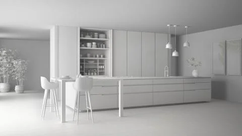 Total white project draft of minimalist kitchen, island, table, stools and op Stock Illustration