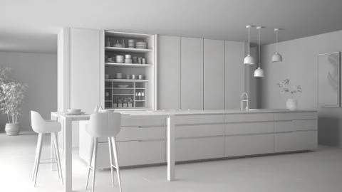 Total white project draft of minimalist kitchen, island, table, stools and op Stock Illustration