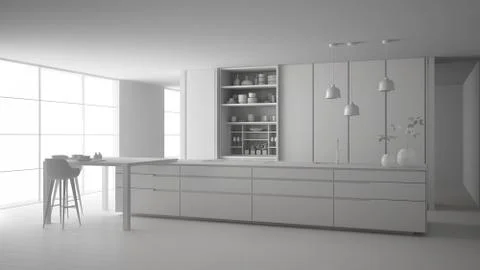 Total white project draft of minimalist kitchen, island, table, stools and op Stock Illustration
