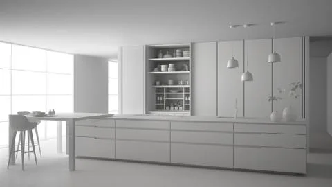Total white project draft of minimalist kitchen, island, table, stools and op Illustrazione stock