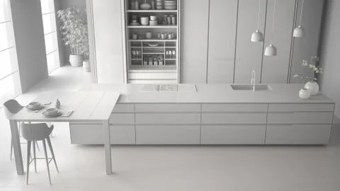 Total white project draft of minimalist kitchen, island, table, stools and op Illustrazione stock