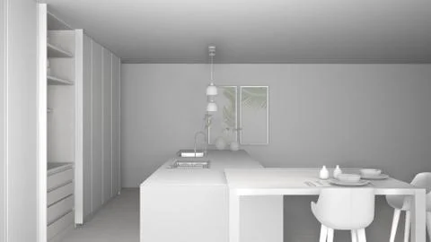 Total white project draft of minimalist kitchen, island, table, stools and op Stock Illustration