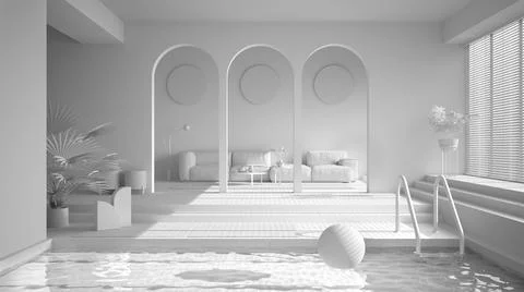 Total white project draft, minimalist living room, open space with parquet fl Stock Illustration