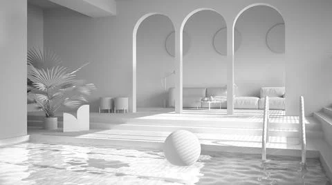 Total white project draft, minimalist living room, open space with parquet fl Stock Illustration