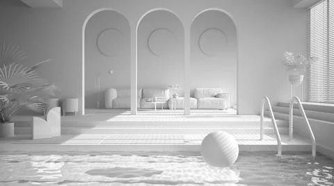 Total white project draft, minimalist living room, open space with parquet fl Stock Illustration