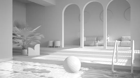 Total white project draft, minimalist living room, open space with parquet fl Stock Illustration