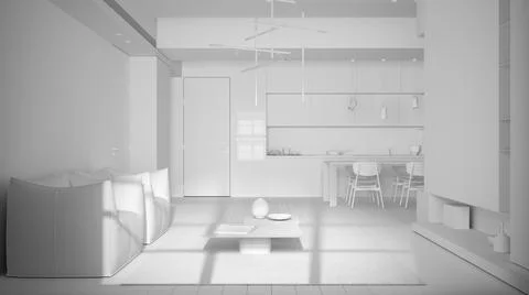 Total white project draft, minimalist living room and kitchen, dining table w Stock Illustration