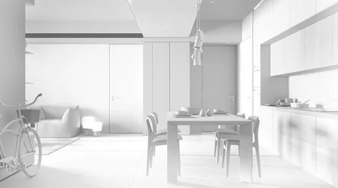 Total white project draft, minimalist kitchen with dining room, dining table  Illustrazione stock