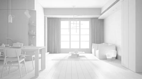 Total white project draft, minimalist kitchen with dining room, dining table  Stock Illustration