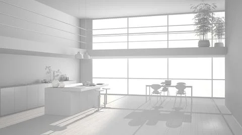 Total white project draft of minimalist kitchen with island, dining table wit Stock Illustration