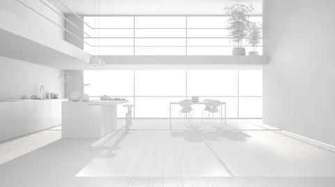 Total white project draft of minimalist kitchen with island, dining table wit 스톡 일러스트