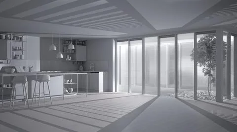 Total white project draft of minimalist open space in patio house, modern kit Illustrazione stock