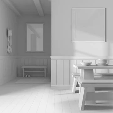 Total white project draft, minimalist dining room with wooden table, parquet  Illustrazione stock