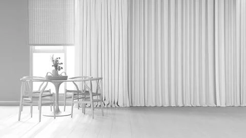 Total white project draft, minimalist contemporary wooden dining room with .. Stock Illustration