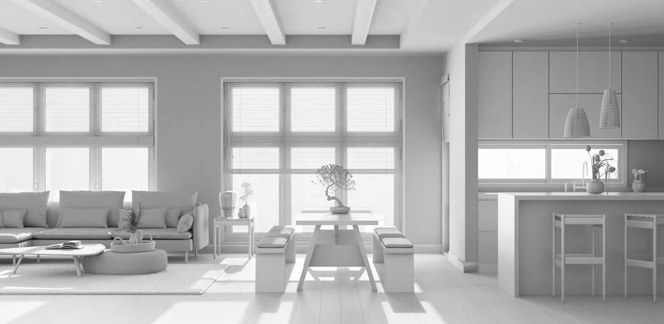 Total white project draft, minimalist living, dining room and kitchen. Fabr.. Stock Illustration