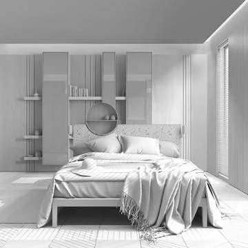 Total white project draft, minimalist wooden bedroom close up. Master bed w.. Stock Illustration