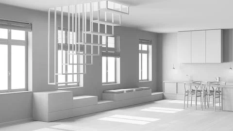 Total white project draft, minimalist nordic wooden kitchen and dining room.. Stock Illustration