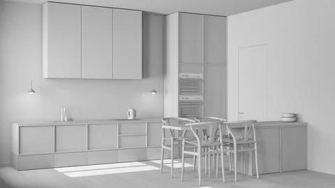 Total white project draft, minimalist nordic wooden kitchen and dining room.. Stock Illustration