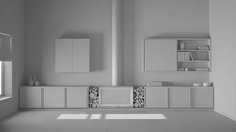 Total white project draft, modern living room with fireplace close-up, parque イラスト素材