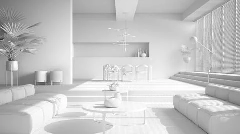 Total white project draft, modern living room, hall, open space with parquet  Stock Illustration