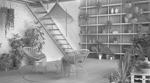 Total white project draft, modern conservatory, winter garden interior design Stock Illustration
