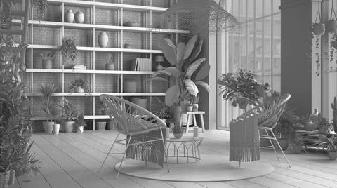 Total white project draft, modern conservatory, winter garden interior design Stock Illustration