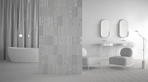 Total white project draft, modern minimalist abstract bathroom with decorated Stock Illustration