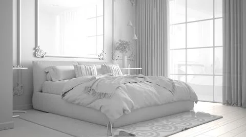 Total white project draft of modern bedroom in classic room with wall molding Stock Illustration