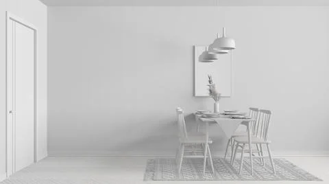 Total white project draft, modern dining room with table set and vintage scan Illustrazione stock