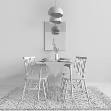 Total white project draft, modern dining room with table set and vintage scan Stock Illustration
