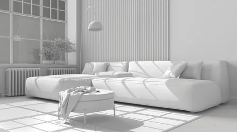Total white project draft, modern living room in classic apartment with big w Stock Illustration