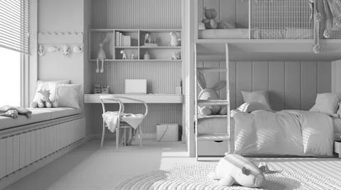 Total white project draft, modern bedroom with bunk bed, parquet floor, big w 스톡 일러스트