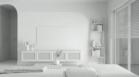 Total white project draft, modern wooden living room, velvet sofa with side t Stock Illustration