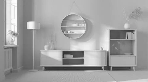 Total white project draft, modern wooden interior, dresser and commode with s Stock Illustration