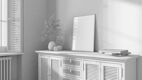 Total white project draft, modern living room . Vintage dark rattan chest of  Stock Illustration