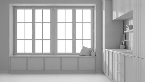 Total white project draft, modern cozy kitchen and big window with bench. Wal Stock Illustration