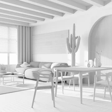 Total white project draft, modern dining and living room. Table with chairs.. Stock Illustration