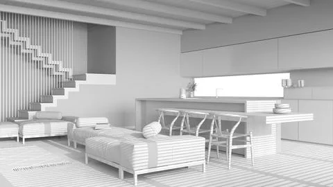 Total white project draft, modern wooden living room and kitchen. Sofas, is.. 스톡 일러스트