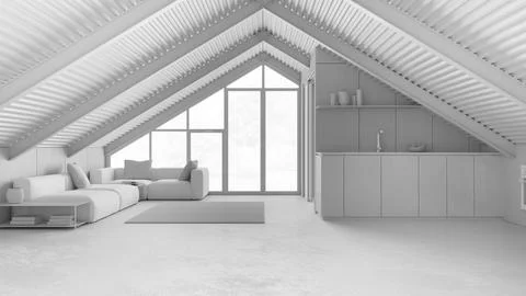 Total white project draft, modern mezzanine, kitchen and living room with s.. Illustrazione stock