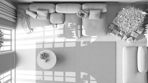 Total white project draft, modern living room with sofa and carpet, parquet.. Stock Illustration