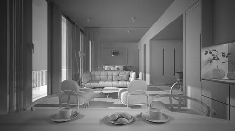 Total white project draft, one-room apartment interior design, parquet, open  Illustrazione stock