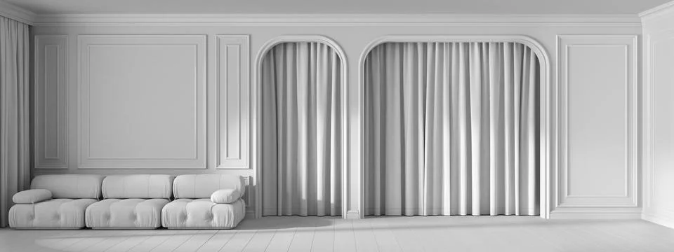 Total white project draft, panoramic view of classic living room with molded  Stock Illustration