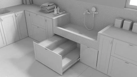 Total white project draft, pet friendly laundry room, close up, mudroom with  Stock Illustration